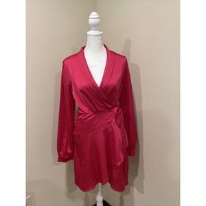 boohoo womens dresses Skater Dress Hot Pink Sz 10 Long Sleeve Wrap Dress